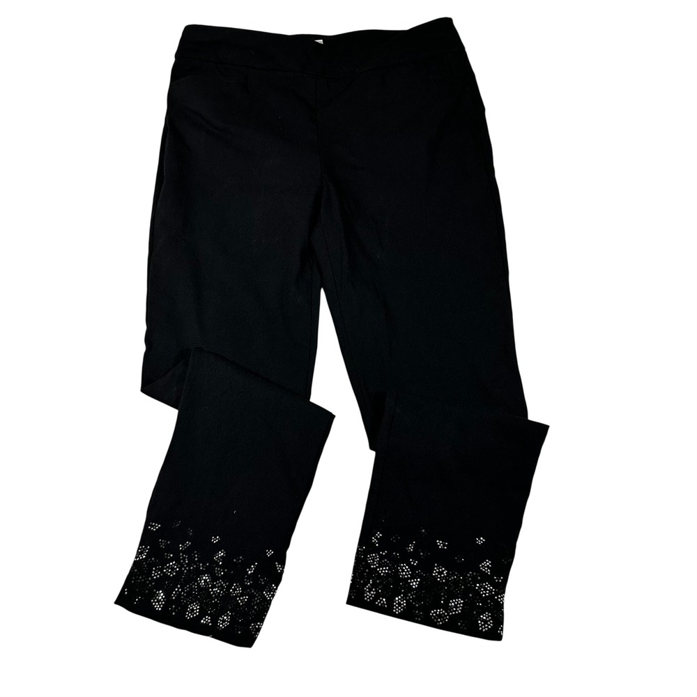 Chicos Black Rhinestone Hem Pull On Pants Womens 0.5R‎ US 6R Stretch Trousers